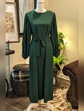 Elegant Forest Green Long Sleeve Tie-Waist Dress